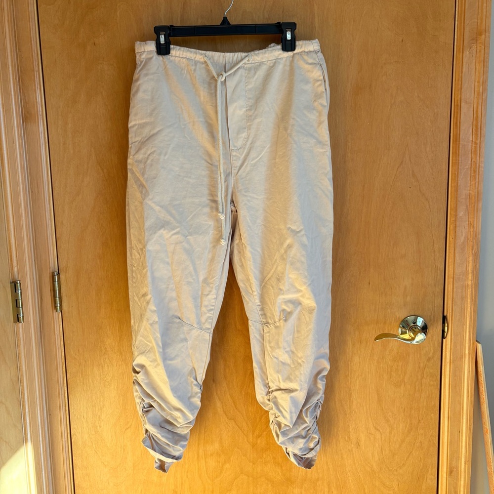 Free People Beige Linen Blend Cargo Jogger Pants Ruched Cuff Drawstring Waist XS